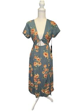 Lulu's Nwt! Blue Floral Tie-Front Midi Dress, spring/summer, beach vacation, med